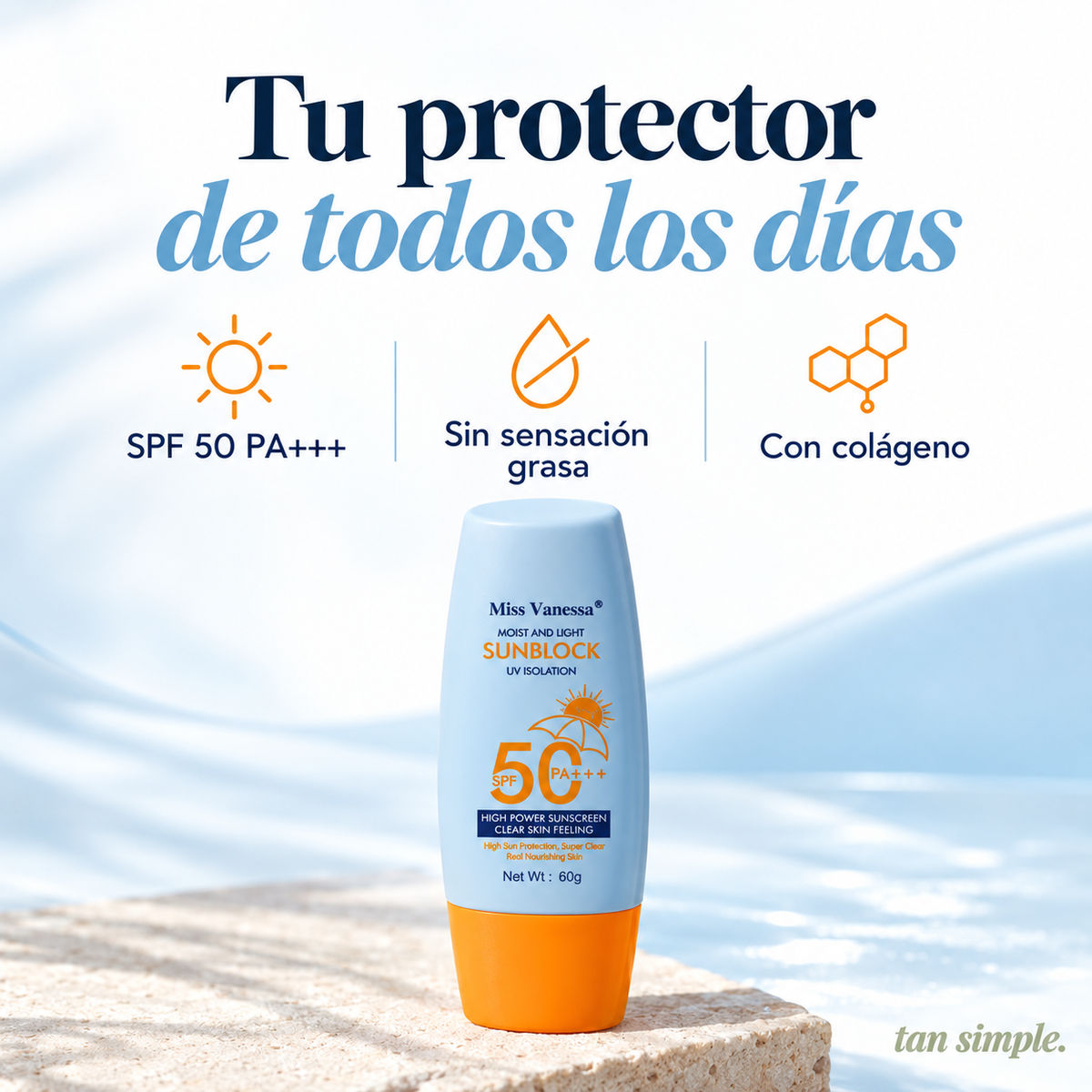 Protector Solar SPF 50 con Colágeno · Liviano, Sin Sensación Grasa