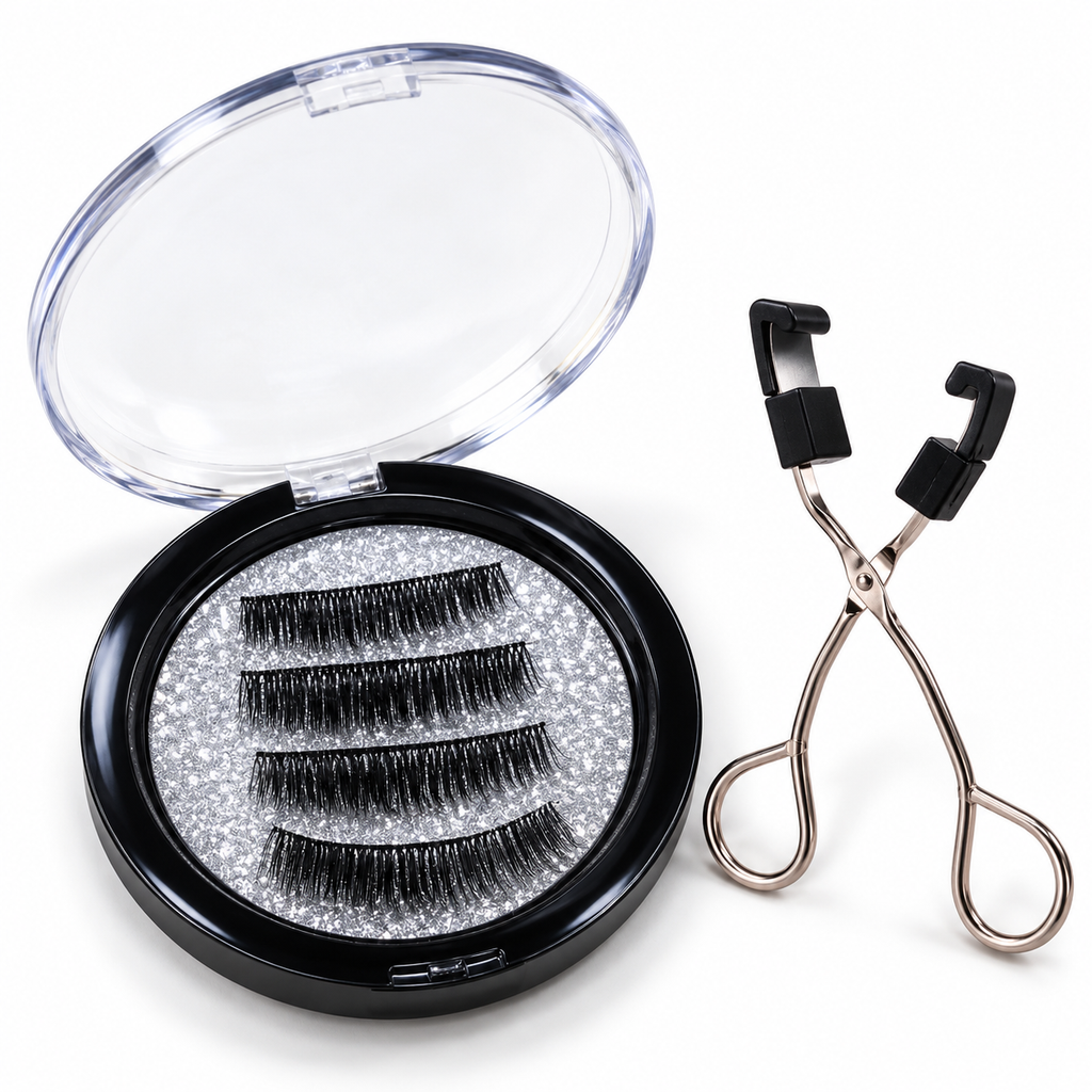 Pestañas magnéticas con aplicador: estuche de tapa transparente con cuatro tiras y aplicador de metal